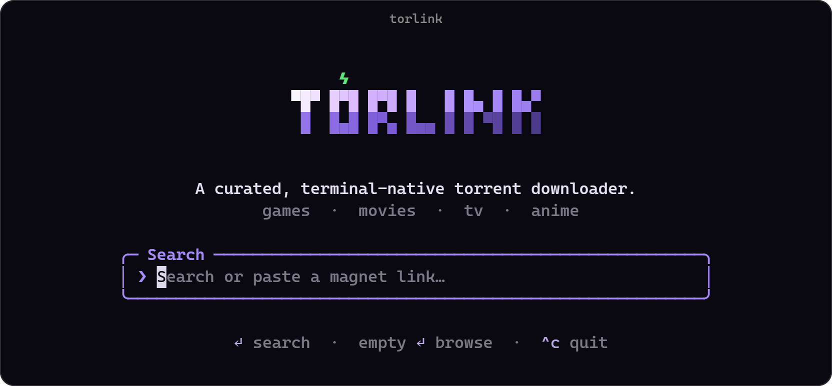 torlink's opening screen: the logo and a ready search bar